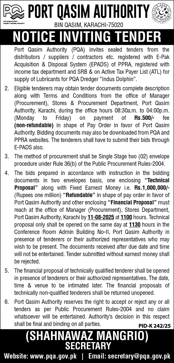 Port Qasim Authority Karachi Tender Notice